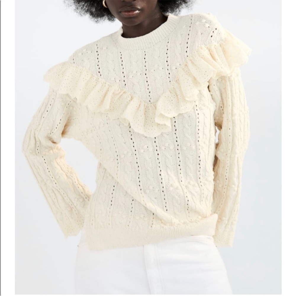 Zara Ecru Ruffled Knit Sweater Cream